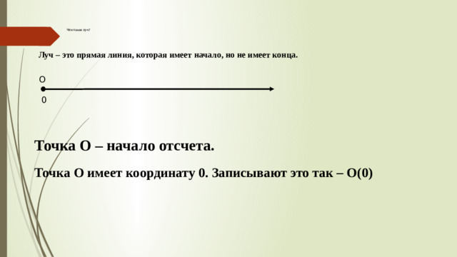 Что такое луч?   Луч – это прямая линия, которая имеет начало, но не имеет конца. О 0 Точка О – начало отсчета. Точка О имеет координату 0. Записывают это так – О(0)