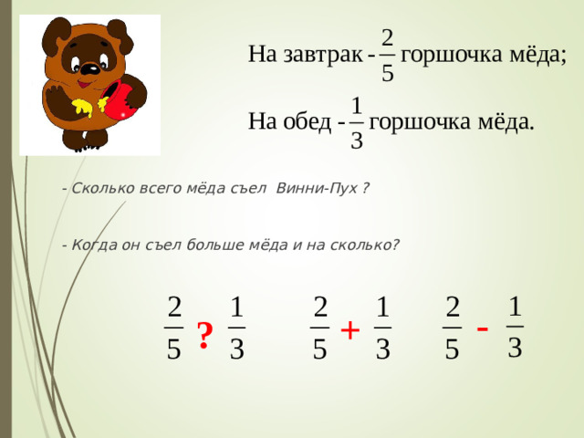 - Сколько всего мёда съел Винни-Пух ?  - Когда он съел больше мёда и на сколько?  - + ?