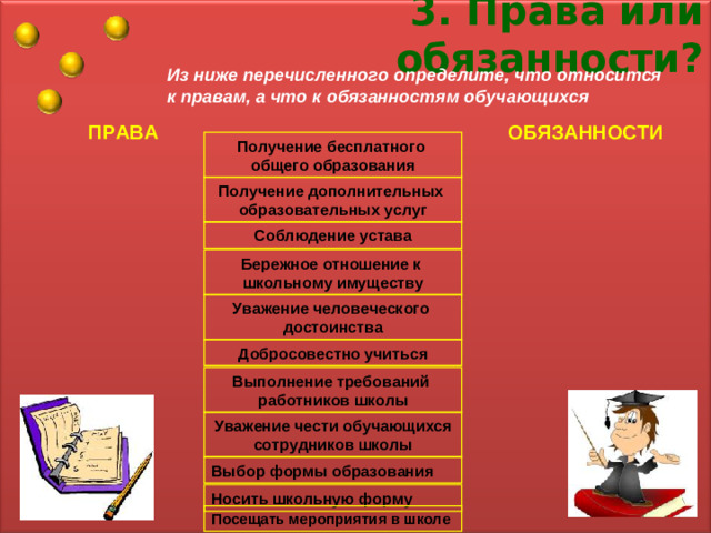 3. Права или обязанности? Из ниже перечисленного определите, что относится к правам, а что к обязанностям обучающихся ПРАВА ОБЯЗАННОСТИ  Получение бесплатного общего образования           Получение дополнительных образовательных услуг Соблюдение устава Бережное отношение к школьному имуществу Уважение человеческого достоинства Добросовестно учиться Выполнение требований работников школы Уважение чести обучающихся сотрудников школы Выбор формы образования Носить школьную форму Посещать мероприятия в школе