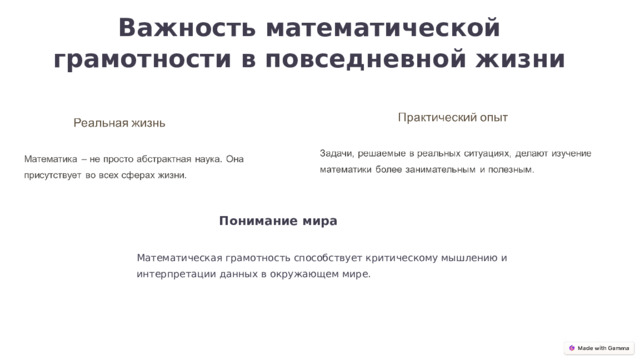 Важность математической грамотности в повседневной жизни Понимание мира Математическая грамотность способствует критическому мышлению и интерпретации данных в окружающем мире.