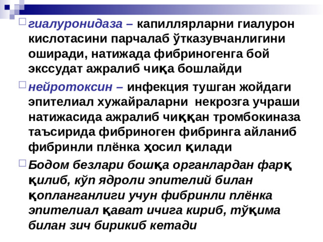 гиалуронидаза – капиллярларни гиалурон кислотасини парчалаб ўтказувчанлигини оширади, натижада фибриногенга бой экссудат ажралиб чиқа бошлайди нейротоксин – инфекция тушган жойдаги эпителиал хужайраларни некрозга учраши натижасида ажралиб чиққан тромбокиназа таъсирида фибриноген фибринга айланиб фибринли плёнка ҳосил қилади Бодом безлари бошқа органлардан фарқ қилиб, кўп ядроли эпителий билан қопланганлиги учун фибринли плёнка эпителиал қават ичига кириб, тўқима билан зич бирикиб кетади гиалуронидаза – капиллярларни гиалурон кислотасини парчалаб ўтказувчанлигини оширади, натижада фибриногенга бой экссудат ажралиб чиқа бошлайди нейротоксин – инфекция тушган жойдаги эпителиал хужайраларни некрозга учраши натижасида ажралиб чиққан тромбокиназа таъсирида фибриноген фибринга айланиб фибринли плёнка ҳосил қилади Бодом безлари бошқа органлардан фарқ қилиб, кўп ядроли эпителий билан қопланганлиги учун фибринли плёнка эпителиал қават ичига кириб, тўқима билан зич бирикиб кетади