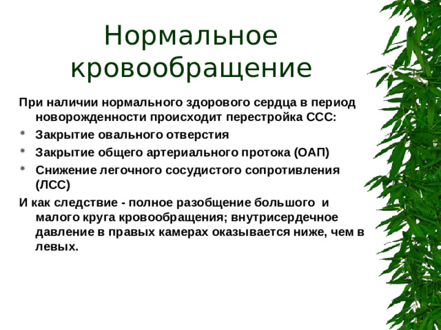 Нормальное кровообращение При наличии нормального здорового сердца в период новорожденности происходит перестройка ССС: Закрытие овального отверстия Закрытие общего артериального протока (ОАП) Снижение легочного сосудистого сопротивления (ЛСС) И как следствие - полное разобщение большого и малого круга кровообращения; внутрисердечное давление в правых камерах оказывается ниже, чем в левых.