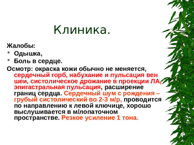 Клиника.  Жалобы: Одышка, Боль в сердце. Осмотр: окраска кожи обычно не меняется, сердечный горб, набухание и пульсация вен шеи, систолическое дрожание в проекции ЛА, эпигастральная пульсация , расширение границ сердца. Сердечный шум с рождения – грубый систолический во 2-3 м/р, проводится по направлению к левой ключице, хорошо выслушивается в м/лопаточном пространстве. Резкое усиление 1 тона.