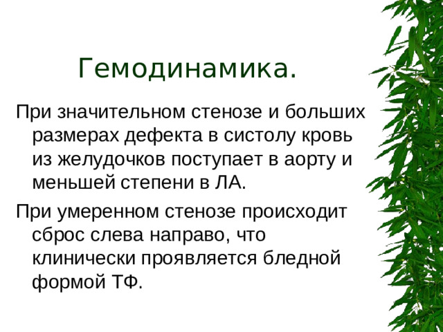 Гемодинамика. При значительном стенозе и больших размерах дефекта в систолу кровь из желудочков поступает в аорту и меньшей степени в ЛА. При умеренном стенозе происходит сброс слева направо, что клинически проявляется бледной формой ТФ.