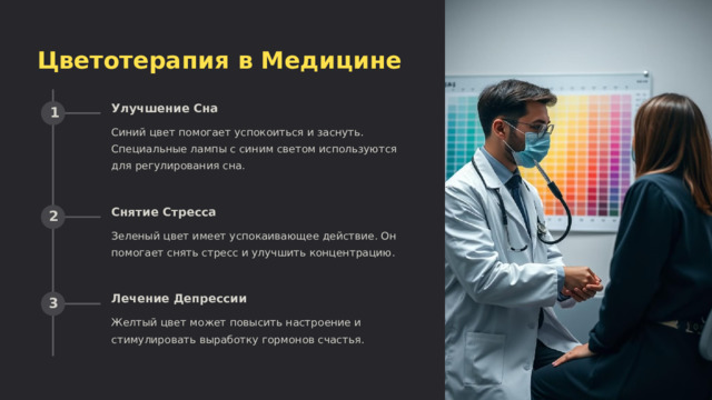 Цветотерапия в Медицине Улучшение Сна 1 Синий цвет помогает успокоиться и заснуть. Специальные лампы с синим светом используются для регулирования сна. Снятие Стресса 2 Зеленый цвет имеет успокаивающее действие. Он помогает снять стресс и улучшить концентрацию. Лечение Депрессии 3 Желтый цвет может повысить настроение и стимулировать выработку гормонов счастья.