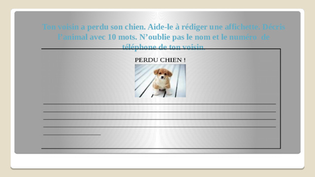 Ton voisin a perdu son chien. Aide-le à rédiger une affichette. Décris l’animal avec 10 mots. N’oublie pas le nom et le numéro de téléphone de ton voisin.