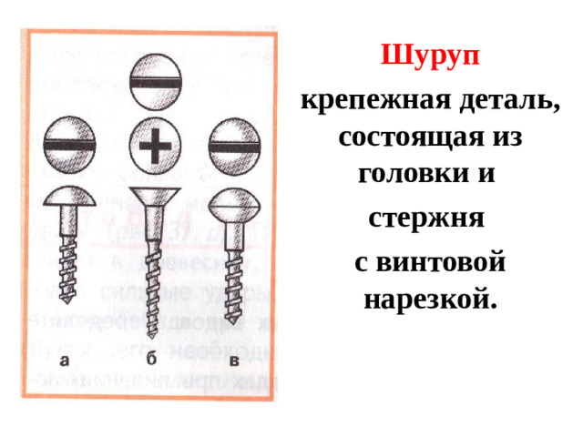 Шуруп крепежная деталь, состоящая из головки и стержня с винтовой нарезкой.