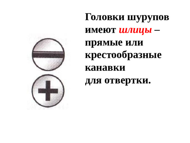 Головки шурупов имеют шлицы – прямые или крестообразные канавки для отвертки.