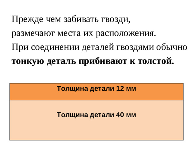 Прежде чем забивать гвозди, размечают места их расположения. При соединении деталей гвоздями обычно тонкую деталь прибивают к толстой. Толщина детали 12 мм Толщина детали 40 мм