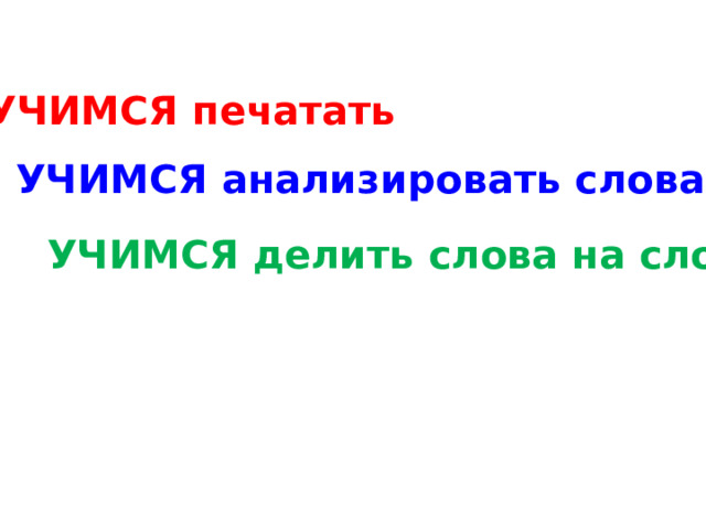 УЧИМСЯ печатать УЧИМСЯ анализировать слова УЧИМСЯ делить слова на слоги