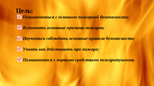 Цель:  Познакомиться с основами пожарной безопасности;   Вспомнить основные причины пожаров;   Научиться соблюдать основные правила безопасности;   Узнать как действовать при пожаре;   Познакомится с первыми средствами пожаротушения.