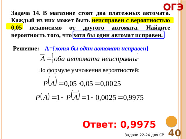 ОГЭ Задача 14 . В магазине стоят два платежных автомата. Каждый из них может быть неисправен с вероятностью 0,05 независимо от другого автомата. Найдите вероятность того, что хотя бы один автомат исправен. Решение: А={ хотя бы один автомат исправен } По формуле умножения вероятностей: Ответ: 0,9975 40 Задачи 22-24 для СР