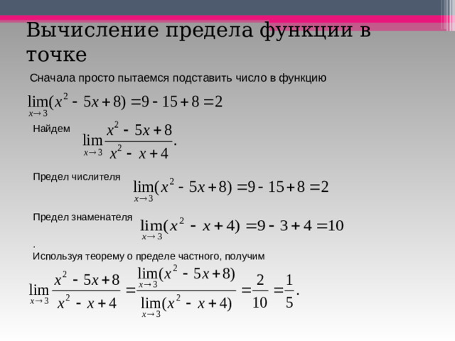 Вычисление предела функции в точке Сначала просто пытаемся подставить число в функцию Найдем Предел числителя Предел знаменателя . Используя теорему о пределе частного, получим