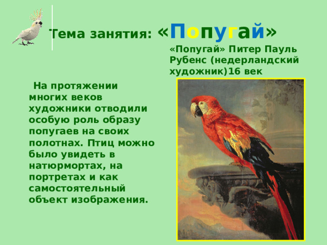 Тема занятия: « П о п у г а й » «Попугай» Питер Пауль Рубенс (недерландский художник)16 век  На протяжении многих веков художники отводили особую роль образу попугаев на своих полотнах. Птиц можно было увидеть в натюрмортах, на портретах и как самостоятельный объект изображения.