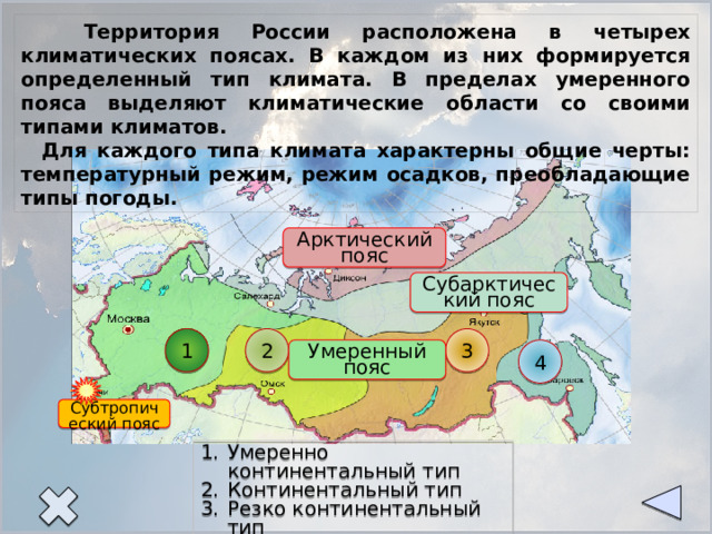 Территория России расположена в четырех климатических поясах. В каждом из них формируется определенный тип климата. В пределах умеренного пояса выделяют климатические области со своими типами климатов.  Для каждого типа климата характерны общие черты: температурный режим, режим осадков, преобладающие типы погоды. Арктический пояс Субарктический пояс 1 2 3 4 Умеренный пояс Субтропический пояс Умеренно континентальный тип Континентальный тип Резко континентальный тип Муссонный тип