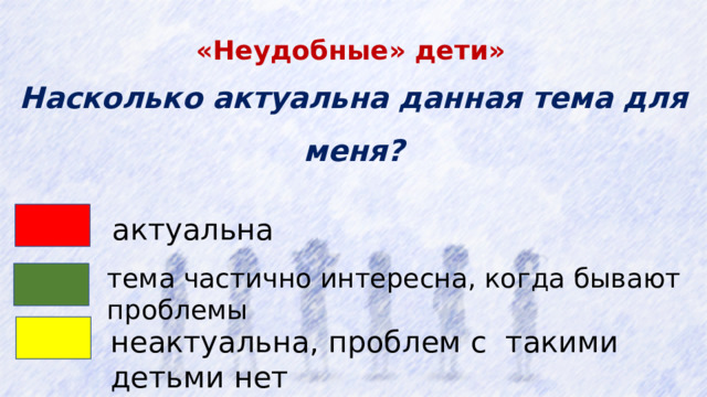 Насколько актуальна данная тема для меня?  «Неудобные» дети» актуальна тема частично интересна, когда бывают проблемы неактуальна, проблем с такими детьми нет