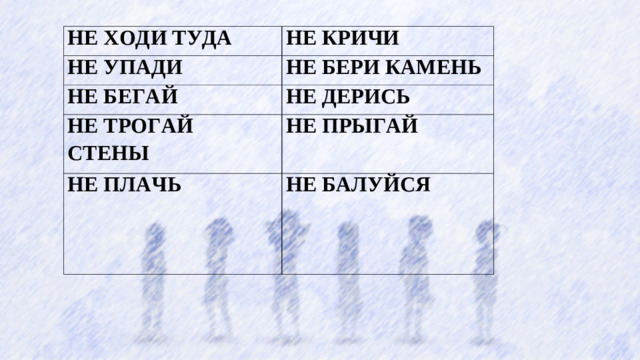 НЕ ХОДИ ТУДА НЕ КРИЧИ НЕ УПАДИ НЕ БЕРИ КАМЕНЬ НЕ БЕГАЙ НЕ ДЕРИСЬ НЕ ТРОГАЙ СТЕНЫ НЕ ПРЫГАЙ НЕ ПЛАЧЬ НЕ БАЛУЙСЯ