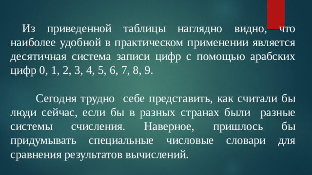 Из приведенной таблицы наглядно видно, что наиболее удобной в практическом применении является десятичная система записи цифр с помощью арабских цифр 0, 1, 2, 3, 4, 5, 6, 7, 8, 9.    Сегодня трудно себе представить, как считали бы люди сейчас, если бы в разных странах были разные системы счисления. Наверное, пришлось бы придумывать специальные числовые словари для сравнения результатов вычислений.  