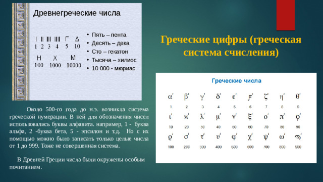 Греческие цифры (греческая система счисления)  Около 500-го года до н.э. возникла система греческой нумерации. В ней для обозначения чисел использовались буквы алфавита. например, 1 - буква альфа, 2 -буква бета, 5 - эпсилон и т.д. Но с их помощью можно было записать только целые числа от 1 до 999. Тоже не совершенная система.    В Древней Греции числа были окружены особым почитанием . греческие