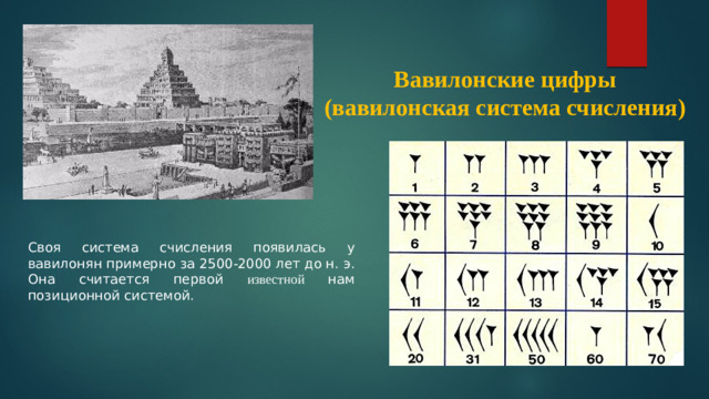 Вавилонские цифры (вавилонская система счисления) Своя система счисления появилась у вавилонян примерно за 2500-2000 лет до н. э. Она считается первой известной нам позиционной системой. вавилонские