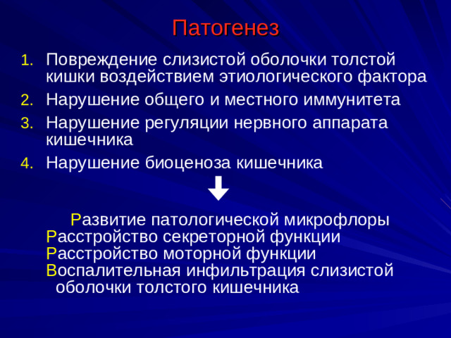 Патогенез Повреждение слизистой оболочки толстой кишки воздействием этиологического фактора Нарушение общего и местного иммунитета Нарушение регуляции нервного аппарата кишечника Нарушение биоценоза кишечника          Р азвитие патологической микрофлоры  Р асстройство секреторной функции Р асстройство моторной функции В оспалительная инфильтрация слизистой оболочки толстого кишечника