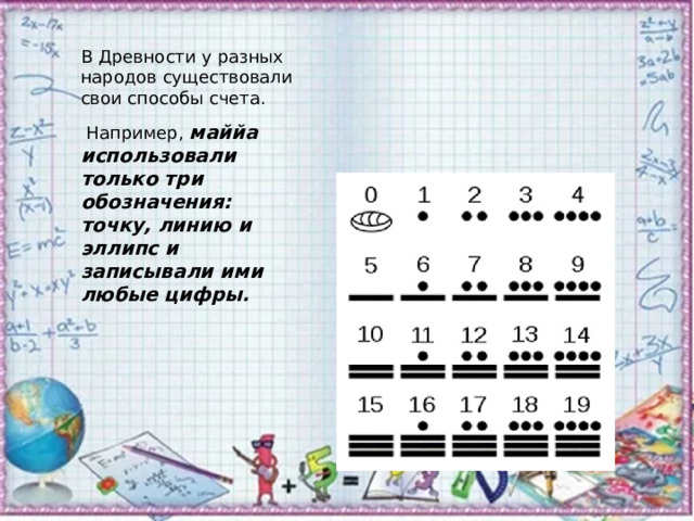 В Древности у разных народов существовали свои способы счета.  Например, маййа использовали только три обозначения: точку, линию и эллипс и записывали ими любые цифры.