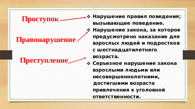 Нарушение правил поведения; вызывающее поведение. Нарушение закона, за которое предусмотрено наказание для взрослых людей и подростков с шестнадцатилетнего возраста. Серьезное нарушение закона взрослыми людьми или несовершеннолетними,