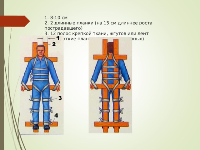 1. 8-10 см  2. 2 длинные планки (на 15 см длиннее роста пострадавшего)  3. 12 полос крепкой ткани, жгутов или лент  4. 3 короткие планки (1/3-1/4 от длинных)