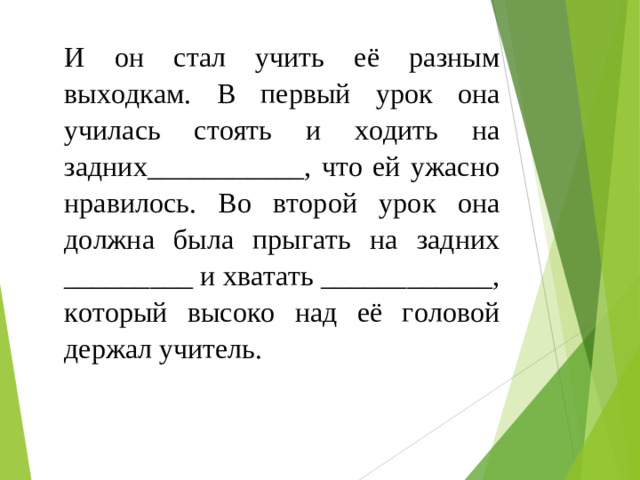 И он стал учить её разным выходкам. В первый урок она училась стоять и ходить на задних___________, что ей ужасно нравилось. Во второй урок она должна была прыгать на задних _________ и хватать ____________, который высоко над её головой держал учитель.