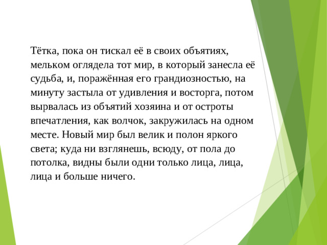 Тётка, пока он тискал её в своих объятиях, мельком оглядела тот мир, в который занесла её судьба, и, поражённая его грандиозностью, на минуту застыла от удивления и восторга, потом вырвалась из объятий хозяина и от остроты впечатления, как волчок, закружилась на одном месте. Новый мир был велик и полон яркого света; куда ни взглянешь, всюду, от пола до потолка, видны были одни только лица, лица, лица и больше ничего.