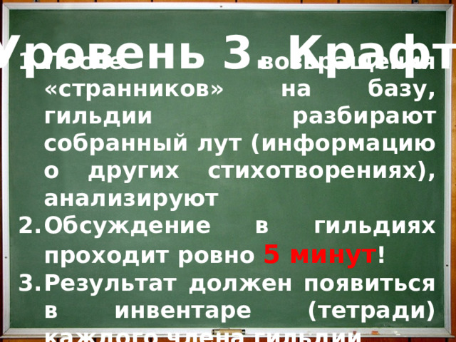 Уровень 3. Крафт После возвращения «странников» на базу, гильдии разбирают собранный лут (информацию о других стихотворениях), анализируют Обсуждение в гильдиях проходит ровно 5 минут ! Результат должен появиться в инвентаре (тетради) каждого члена гильдии