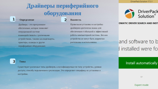 Драйверы периферийного оборудования 1 Определение Важность 2 Правильная установка и настройка драйверов критически важна для обеспечения стабильной и эффективной работы компьютерной системы. Без них устройства не могут быть корректно распознаны и использованы. Драйверы - это программное обеспечение, которое позволяет операционной системе взаимодействовать с различными устройствами, такими как видеокарты, принтеры, сканеры и другое периферийное оборудование. 3 Типы Существуют различные типы драйверов, классифицируемые по типу устройства, уровню доступа, способу подключения и реализации. Это определяет специфику их установки и настройки.