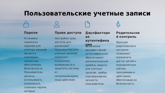 Пользовательские учетные записи Пароли Права доступа Двухфакторная аутентификация Родительский контроль Установка надежных паролей для учетных записей является ключевым элементом обеспечения безопасности. Пользователи должны использовать уникальные, сложные пароли, которые регулярно обновляются. Настройка прав доступа для различных пользовательских учетных записей позволяет ограничить возможности и защитить систему от несанкционированных действий. Функции родительского контроля позволяют ограничить доступ детей к определенным сайтам, программам и действиям, обеспечивая их безопасность. Включение двухфакторной аутентификации обеспечивает дополнительный уровень защиты для учетных записей, требуя подтверждения личности пользователя.