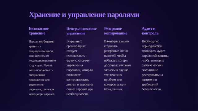 Хранение и управление паролями Безопасное хранение Централизованное управление Резервное копирование Аудит и контроль Пароли необходимо хранить в защищенном месте, защищенном от несанкционированного доступа. Лучше всего использовать специальные приложения для управления паролями, такие как менеджеры паролей. В крупных организациях следует использовать единую систему управления паролями, которая позволяет контролировать доступ и упрощает смену паролей при необходимости. Важно регулярно создавать резервные копии паролей, чтобы избежать потери доступа к учетным записям в случае технических проблем или компрометации базы данных. Необходимо периодически проводить аудит парольной защиты, чтобы выявлять слабые места и оперативно реагировать на изменения требований безопасности.