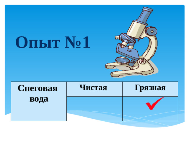 Опыт №1 Снеговая вода Чистая Грязная