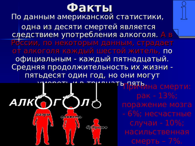 Факты По данным американской статистики, одна из десяти смертей является следствием употребления алкоголя. А в России, по некоторым данным, страдает от алкоголя каждый шестой житель, по официальным - каждый пятнадцатый. Средняя продолжительность их жизни - пятьдесят один год, но они могут умереть и в тридцать пять. Причина смерти: рак - 13%; поражение мозга - 6%; несчастные случаи - 10%; насильственная смерть – 7%.