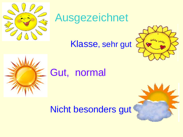 Ausgezeichnet Klasse , sehr gut Gut, normal Nicht besonders gut