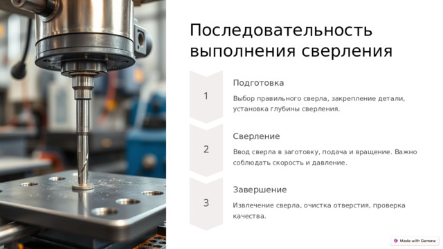 Последовательность выполнения сверления Подготовка Выбор правильного сверла, закрепление детали, установка глубины сверления. Сверление Ввод сверла в заготовку, подача и вращение. Важно соблюдать скорость и давление. Завершение Извлечение сверла, очистка отверстия, проверка качества.