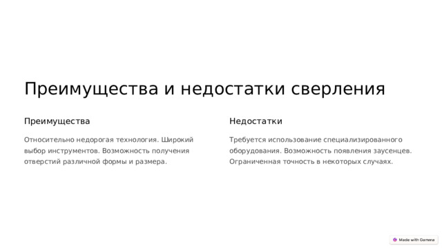 Преимущества и недостатки сверления Преимущества Недостатки Относительно недорогая технология. Широкий выбор инструментов. Возможность получения отверстий различной формы и размера. Требуется использование специализированного оборудования. Возможность появления заусенцев. Ограниченная точность в некоторых случаях.