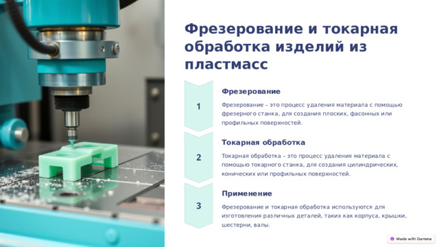 Фрезерование и токарная обработка изделий из пластмасс Фрезерование Фрезерование – это процесс удаления материала с помощью фрезерного станка, для создания плоских, фасонных или профильных поверхностей. Токарная обработка Токарная обработка – это процесс удаления материала с помощью токарного станка, для создания цилиндрических, конических или профильных поверхностей. Применение Фрезерование и токарная обработка используются для изготовления различных деталей, таких как корпуса, крышки, шестерни, валы.