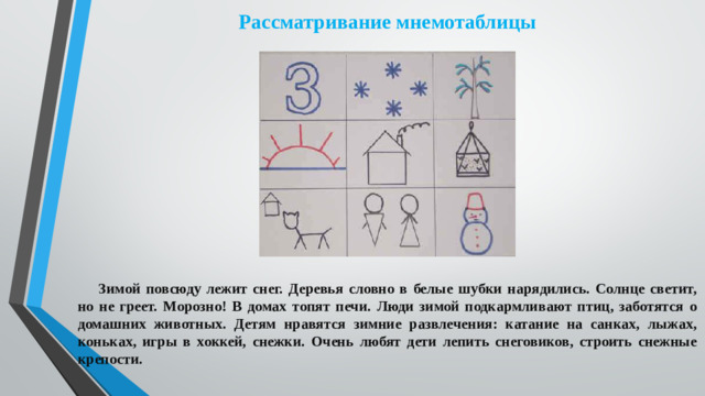 Рассматривание мнемотаблицы   Зимой повсюду лежит снег. Деревья словно в белые шубки нарядились. Солнце светит, но не греет. Морозно! В домах топят печи. Люди зимой подкармливают птиц, заботятся о домашних животных. Детям нравятся зимние развлечения: катание на санках, лыжах, коньках, игры в хоккей, снежки. Очень любят дети лепить снеговиков, строить снежные крепости. 