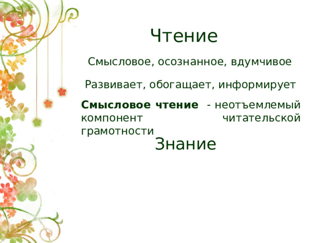 Чтение Смысловое, осознанное, вдумчивое  Развивает, обогащает, информирует Смысловое чтение - неотъемлемый компонент читательской грамотности Знание