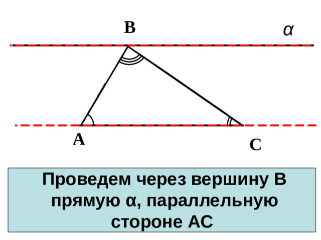 В С А С Проведем через вершину В прямую α , параллельную стороне АС