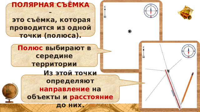 ПОЛЯРНАЯ СЪЁМКА  –  это съёмка, которая проводится из одной точки (полюса). Полюс выбирают в середине территории Из этой точки определяют направление на объекты и расстояние до них.