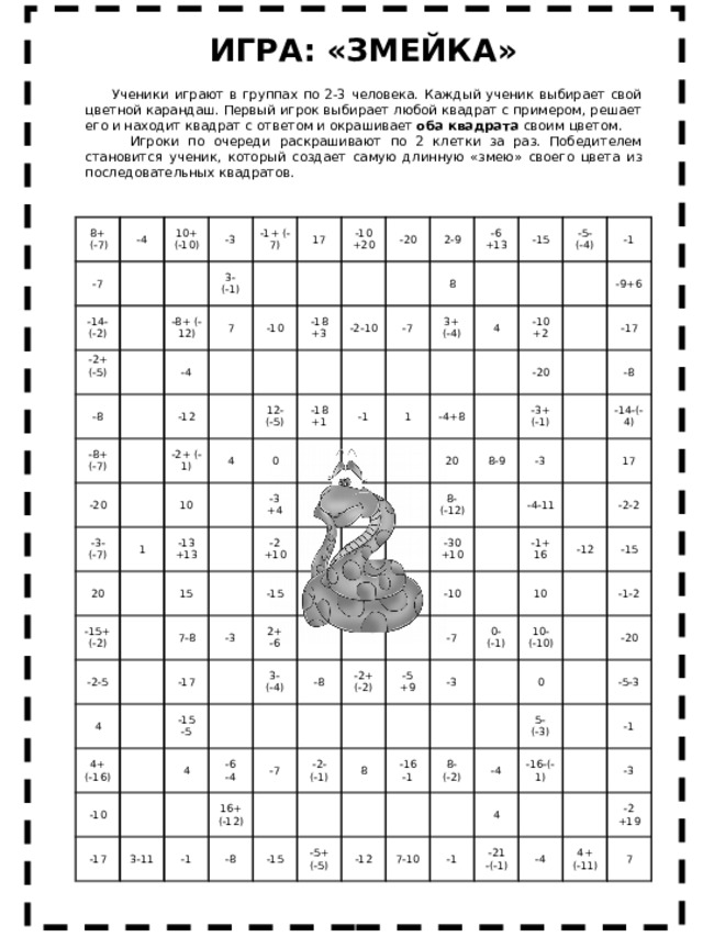 ИГРА: «ЗМЕЙКА»  Ученики играют в группах по 2-3 человека. Каждый ученик выбирает свой цветной карандаш. Первый игрок выбирает любой квадрат с примером, решает его и находит квадрат с ответом и окрашивает оба квадрата своим цветом.  Игроки по очереди раскрашивают по 2 клетки за раз. Победителем становится ученик, который создает самую длинную «змею» своего цвета из последовательных квадратов. 8+ -4  (-7) -7 10+ -14- (-10) (-2) -3 -2+ -1+ (-7) -8 (-5) -8+ (-12) 3- 17 7 (-1) -8+ -4 (-7) -10 -10 +20 -12 -20 -18 -20 -2+ (-1) -3- +3 12- 4 -2-10 (-7) 10 1 2-9 20 -7 (-5) -18 -6 0 8 -13 -15+ +1 +13 -3 +13 (-2) -15 -1 3+ 15 -2-5 +4 -5- (-4) 4 1 4 -2 7-8 (-4) -10 -4+8 +10 -1 -3 -17 -15 4+ +2 -10 -9+6 (-16) 20 2+ -15 -20 -3+ -17 8- -6 8-9 -5 -17 4 3- (-12) (-1) -8 -3 -6 3-11 -30 -8 (-4) -4 -4-11 16+ -14-(-4) +10 -2+ -1 -7 -10 (-12) (-2) -5 -2- -7 -8 -1+ 17 (-1) 16 +9 -2-2 -12 0- 10 -3 8 -15 (-1) -15 -5+ 10- -16 (-5) (-10) -1 8- -1-2 0 -12 7-10 -4 -20 5- (-2) 4 (-3) -5-3 -16-(-1) -1 -21 -1 -(-1) -4 -3 4+ -2 (-11) +19 7