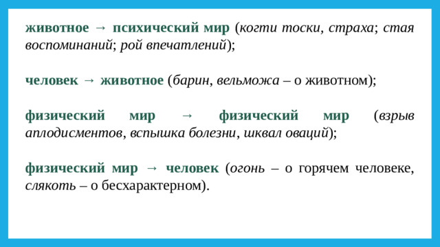 животное → психический мир ( когти тоски, страха ; стая воспоминаний ; рой впечатлений ); человек → животное ( барин , вельможа – о животном); физический мир → физический мир ( взрыв аплодисментов , вспышка болезни , шквал оваций ); физический мир → человек ( огонь – о горячем человеке, слякоть – о бесхарактерном).