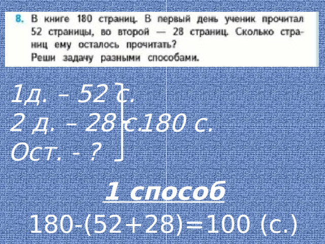 1д. – 52 с. 2 д. – 28 с. Ост. - ? 180 с. 1 способ 180-(52+28)=100 (с.)