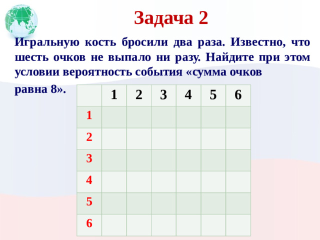 Задача 2 Игральную кость бросили два раза. Известно, что шесть очков не выпало ни разу. Найдите при этом условии вероятность события «сумма очков равна 8». 1 1 2 2 3 3 4 4 5 5 6 6