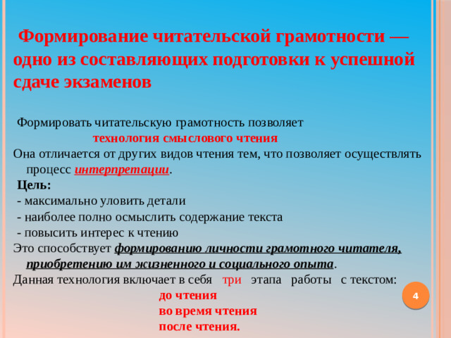 Формирование читательской грамотности — одно из составляющих подготовки к успешной сдаче экзаменов   Формировать читательскую грамотность позволяет  технология смыслового чтения Она отличается от других видов чтения тем, что позволяет осуществлять процесс интерпретации .  Цель:  - максимально уловить детали  - наиболее полно осмыслить содержание текста  - повысить интерес к чтению Это способствует формированию личности грамотного читателя, приобретению им жизненного и социального опыта . Данная технология включает в себя три этапа работы с текстом:  до чтения  во время чтения  после чтения.