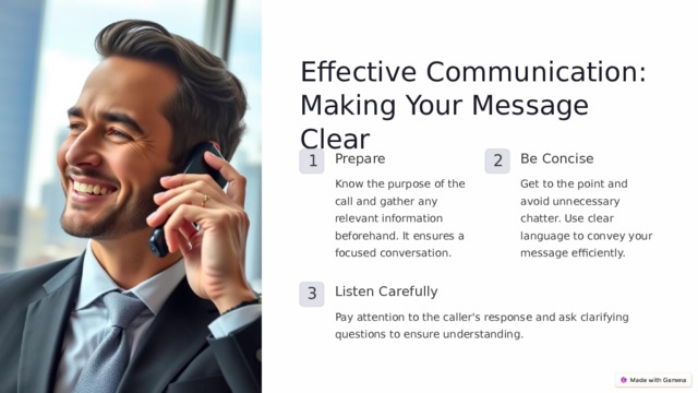 Effective Communication: Making Your Message Clear Prepare Be Concise 1 2 Know the purpose of the call and gather any relevant information beforehand. It ensures a focused conversation. Get to the point and avoid unnecessary chatter. Use clear language to convey your message efficiently. Listen Carefully 3 Pay attention to the caller's response and ask clarifying questions to ensure understanding.